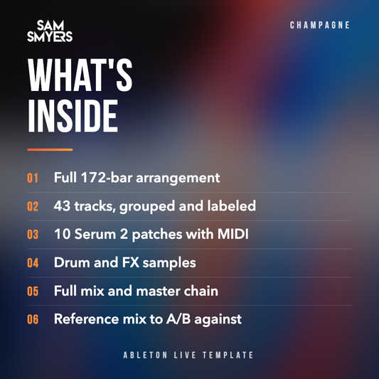 What's inside the Champagne Ableton Live template: full 172-bar arrangement, 43 tracks, 10 Serum 2 patches with MIDI, drum and FX samples, mix and master chain, reference mix